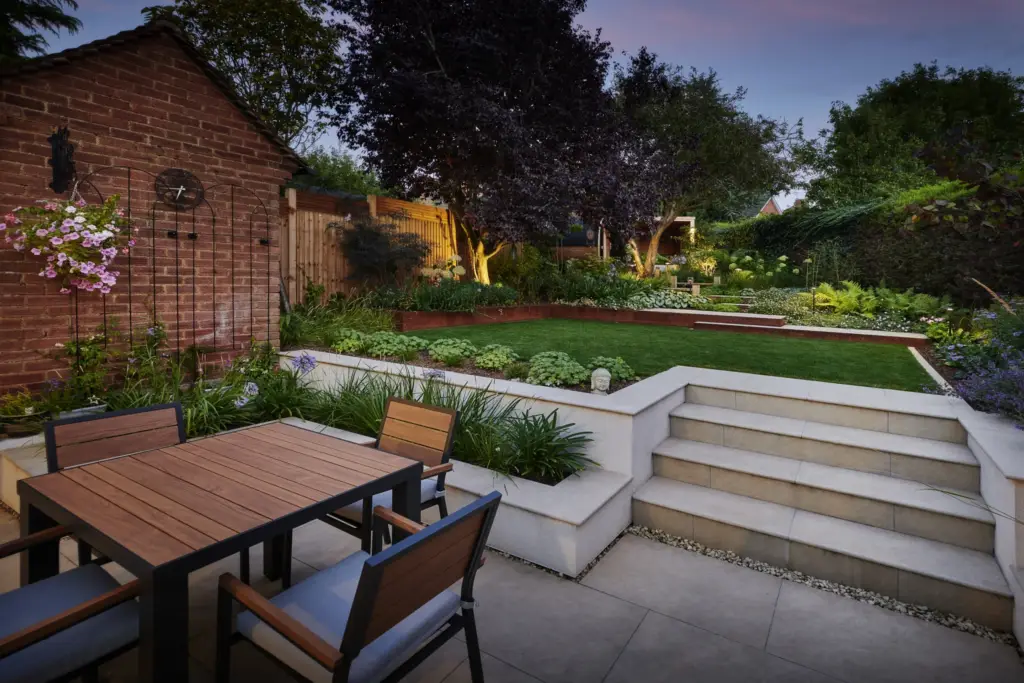 Completed garden terrace and planting by Refined Landscapes