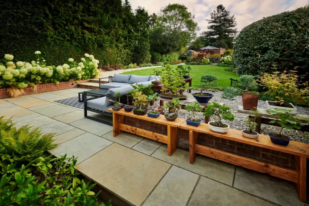 Bonsai collection on timber bench with hydrangea borders and lawn