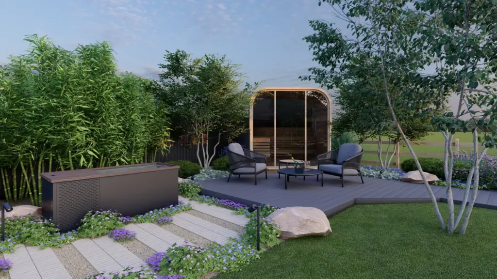 Garden design with sauna pod, cold plunge and composite decking pathway
