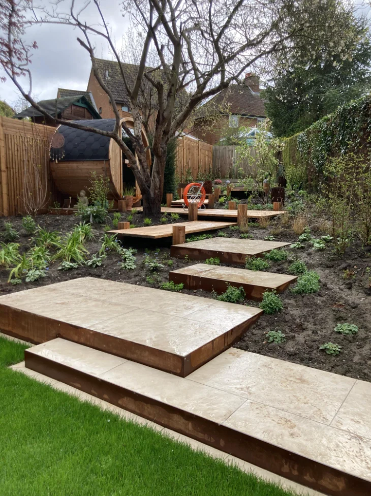 Completed garden with structure, proportion and planting newly in place