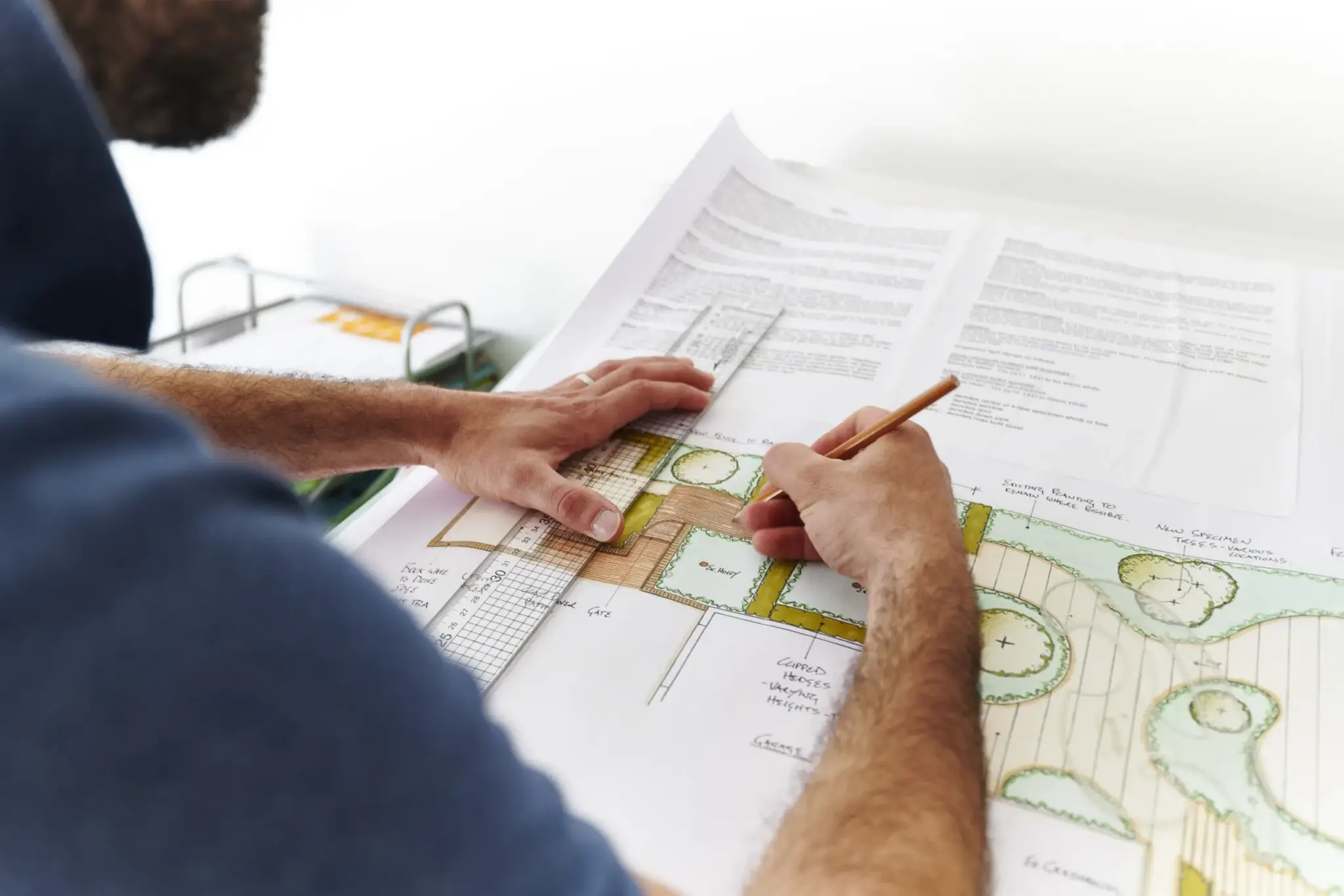A Refined Landscapes designer drawing over a planting plan with a scale rule and pencil
