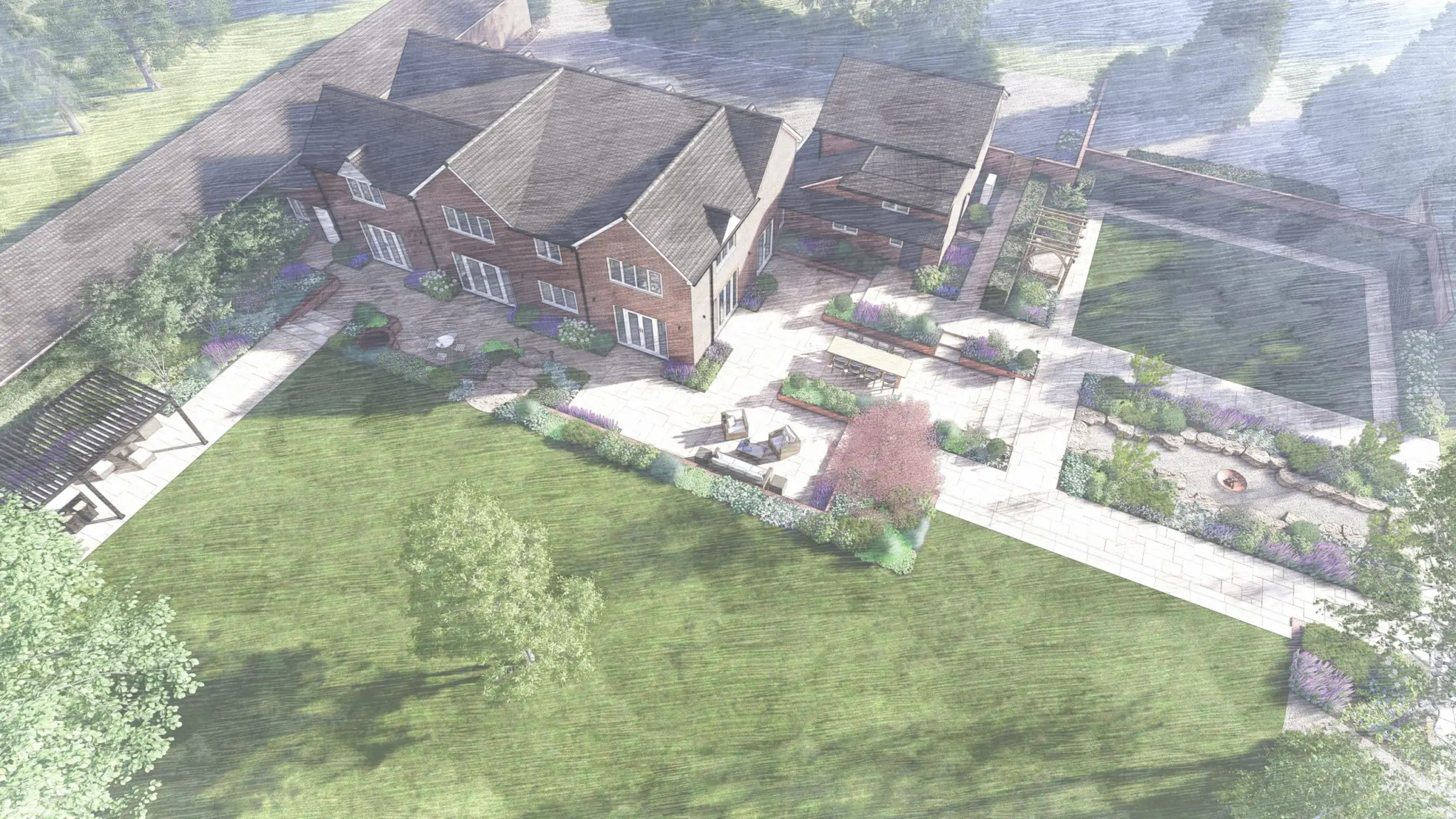Aerial design render of a family garden: terraces, lawn, planting and garden structures arranged around the house