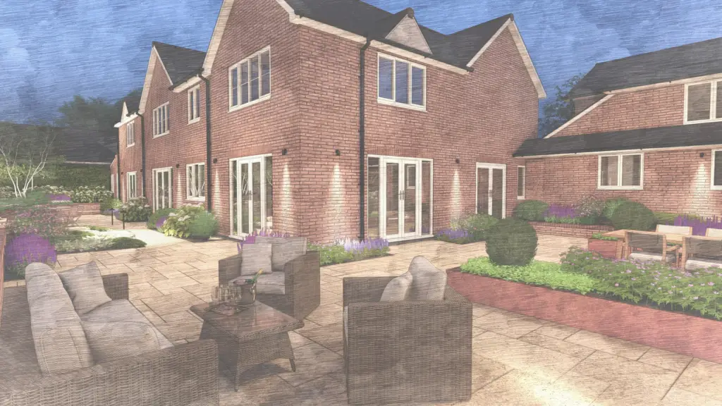 Evening design render of a terrace with seating beside a brick house, the planting lit