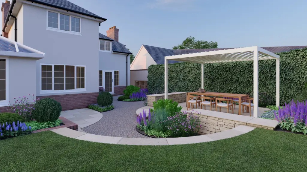 Design render of a white pergola over a dining terrace, with curved paving and planting beside the house