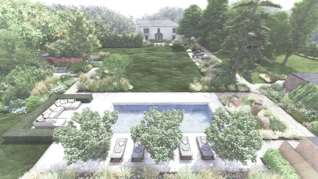 Design render of a pool terrace with sun loungers, lawn and planting, seen from above