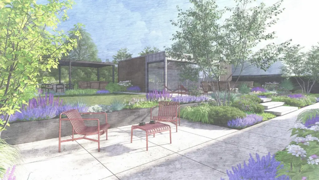 Illustrative render of a terrace with chairs, planting and a garden studio