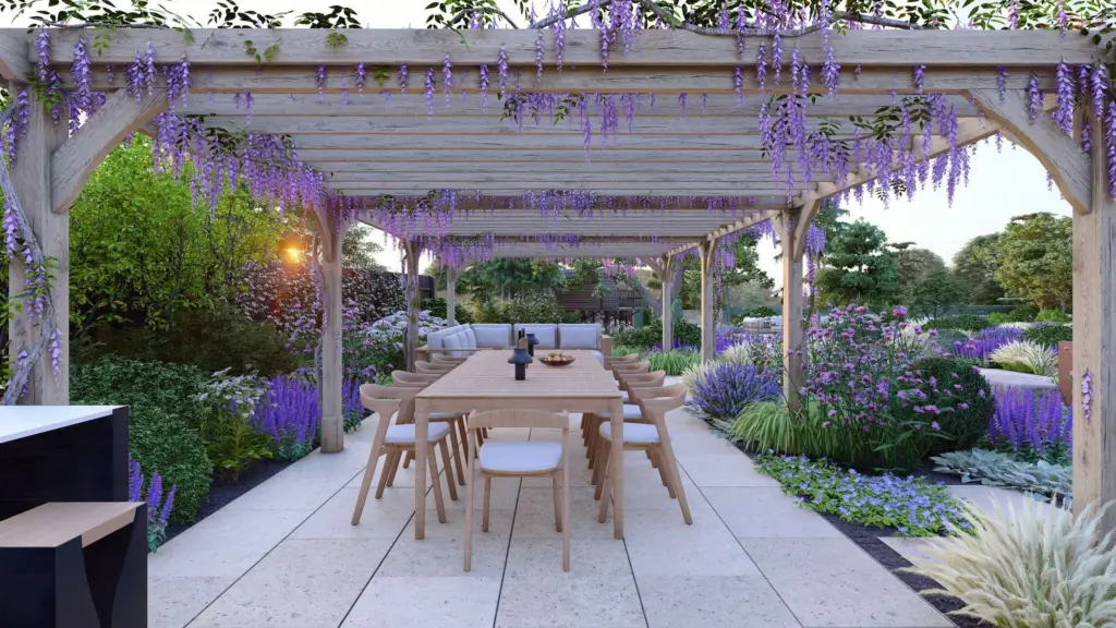 Design render of a timber pergola hung with wisteria over an outdoor dining table