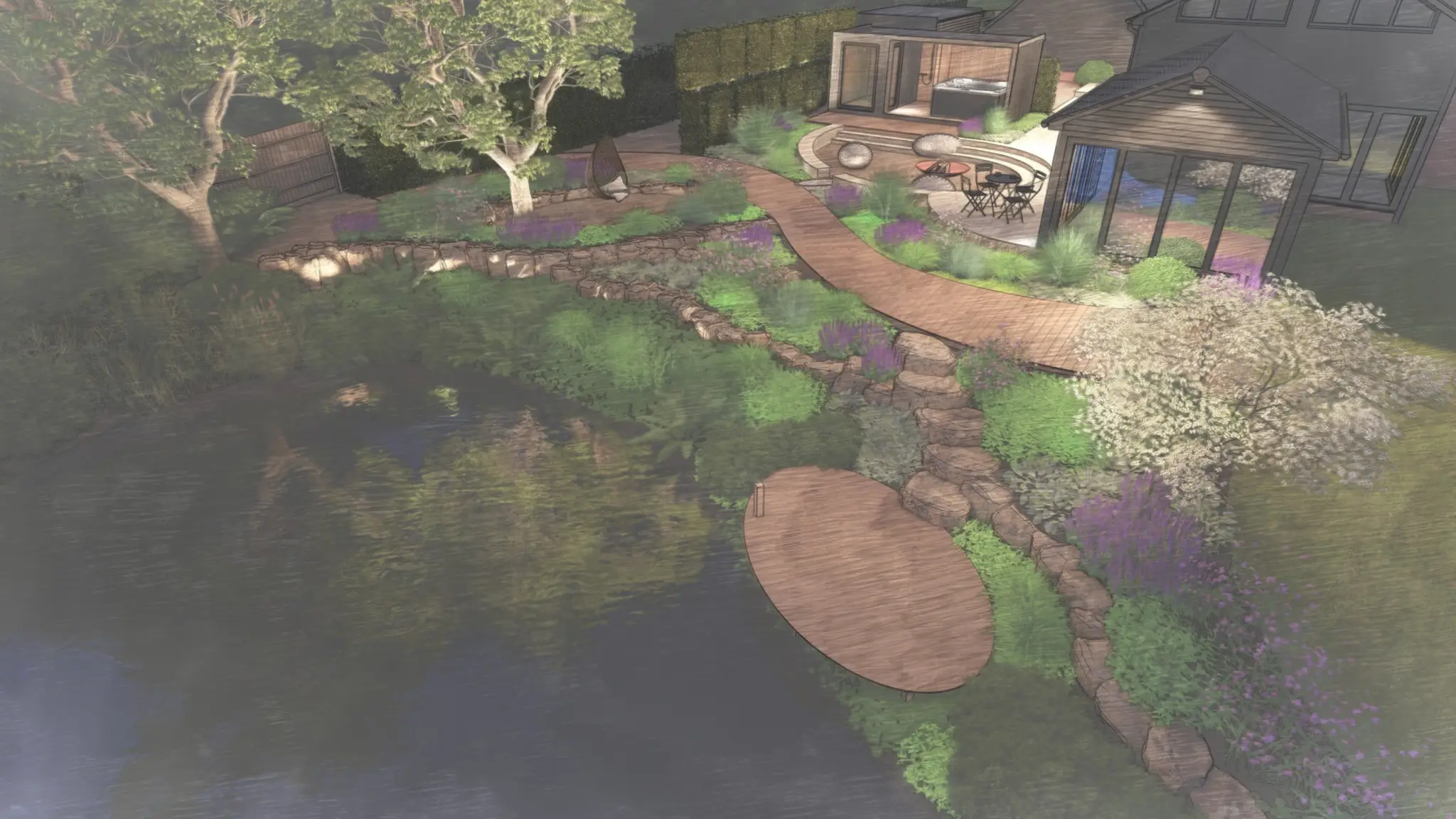 Evening render of a garden design seen from above: a winding path between planting, a round timber deck over a pond and a garden room beside the house
