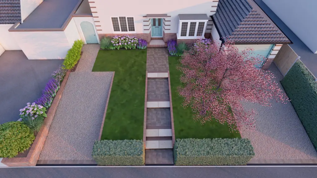 Concept render of a town garden from above: lawn, steps and a flowering tree