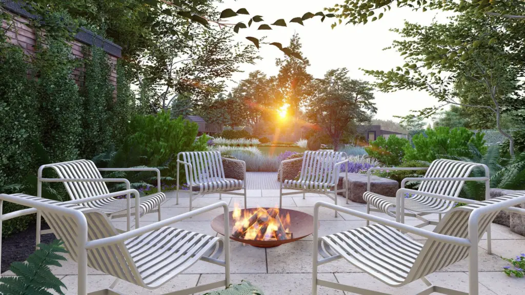 Design render of chairs around a fire pit at dusk