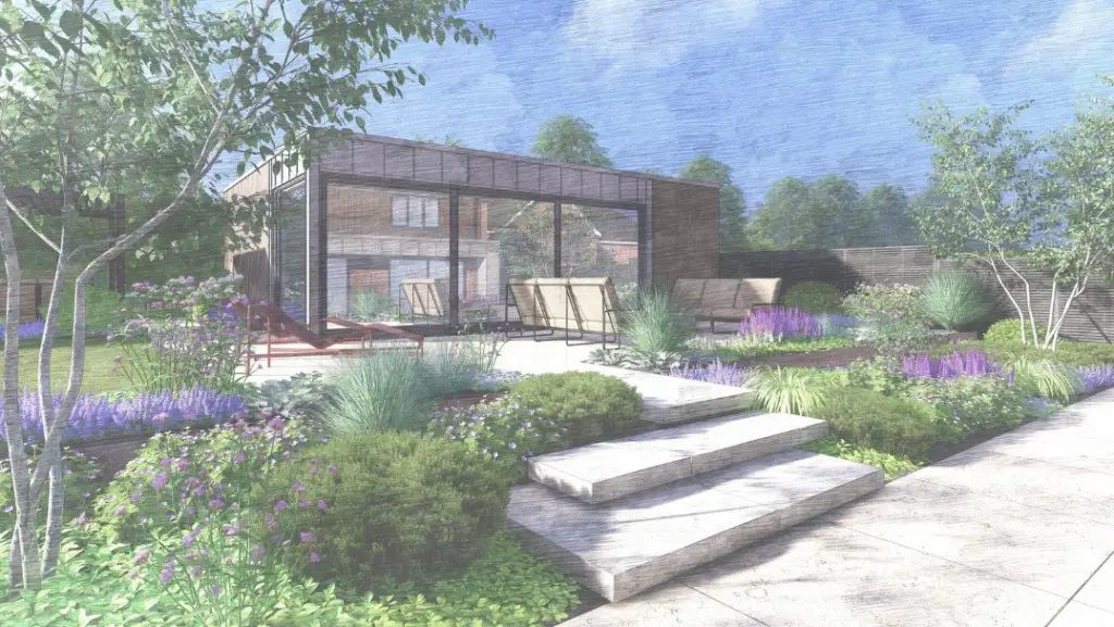 Illustrative render of a glazed garden studio with steps and planting