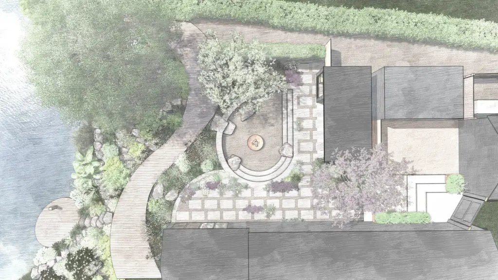 Plan-view render of a garden beside water: a circular terrace with a fire bowl, a winding path to a round deck at the water and the house to one side