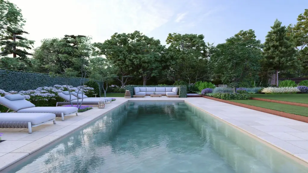 Design render of a swimming pool with loungers, framed by hedges and planting