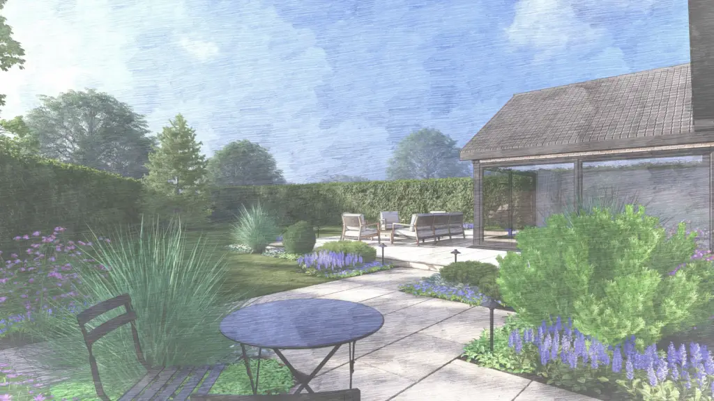 Design render of a terrace with a bistro table beside a brick building, with planting either side