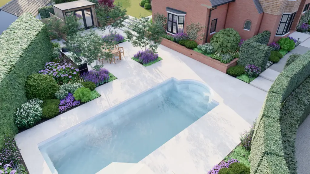 Design visualisation of The Poolside Garden: an aerial render of the pool, terrace and garden room